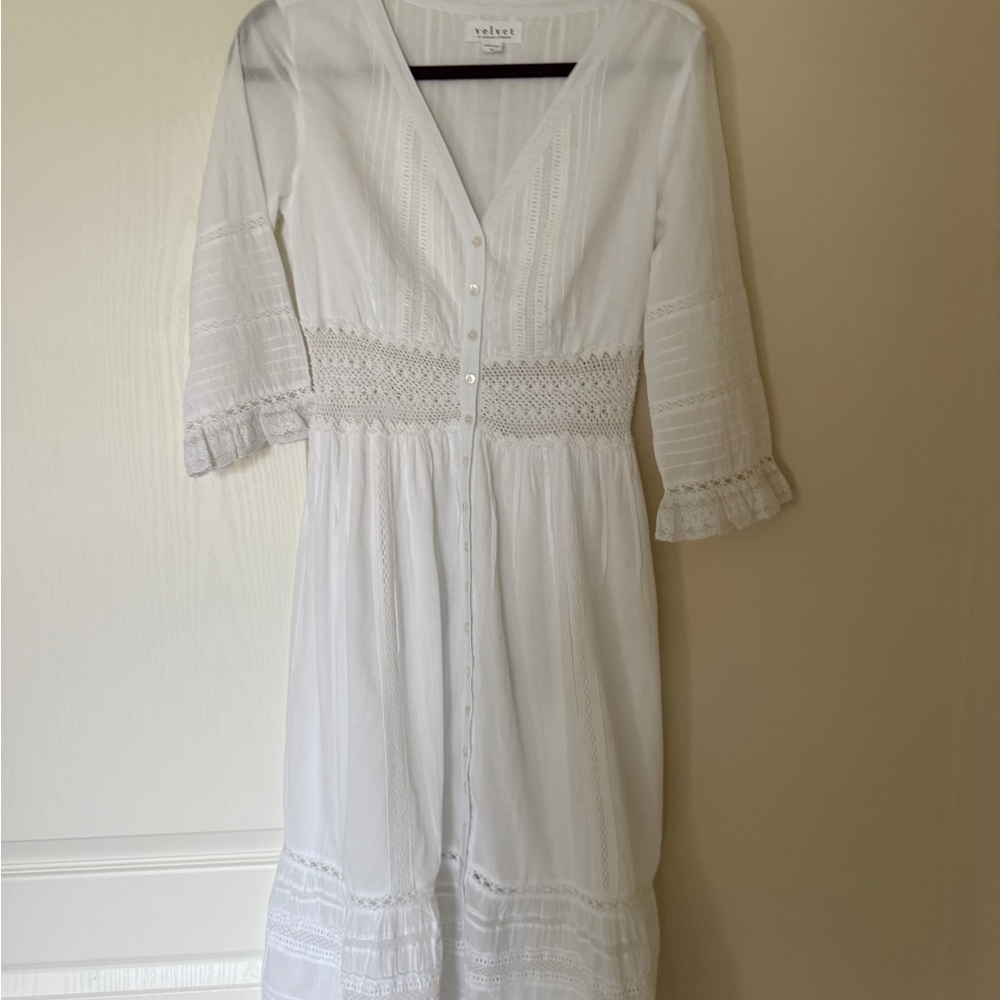 Velvet White Long Sleeve Dress with Lace Accents